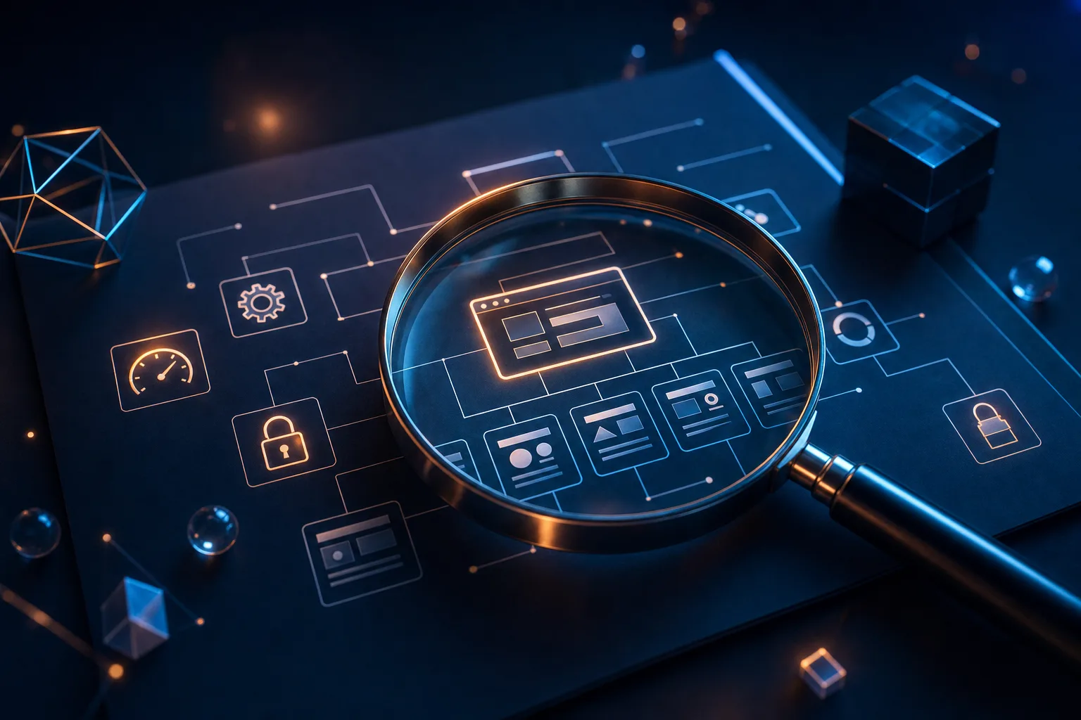 Magnifying glass examining a website sitemap diagram with technical SEO icons