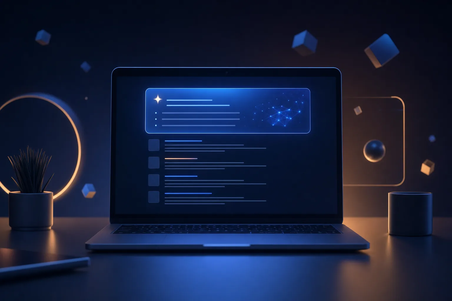 Laptop displaying a search results page with a glowing AI answer box above the ranked website links