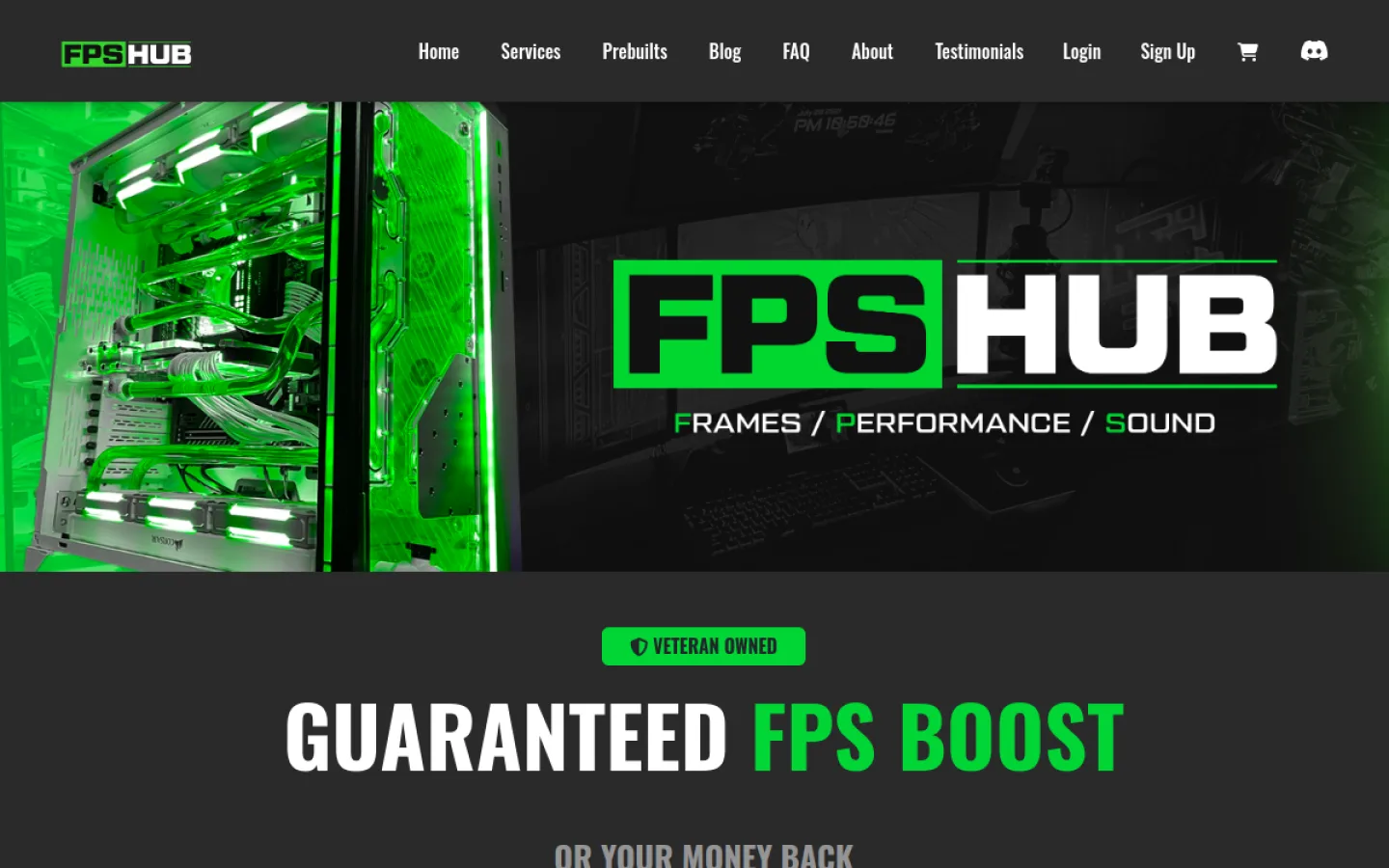 FPSHub website homepage showing its green and black gaming-performance design