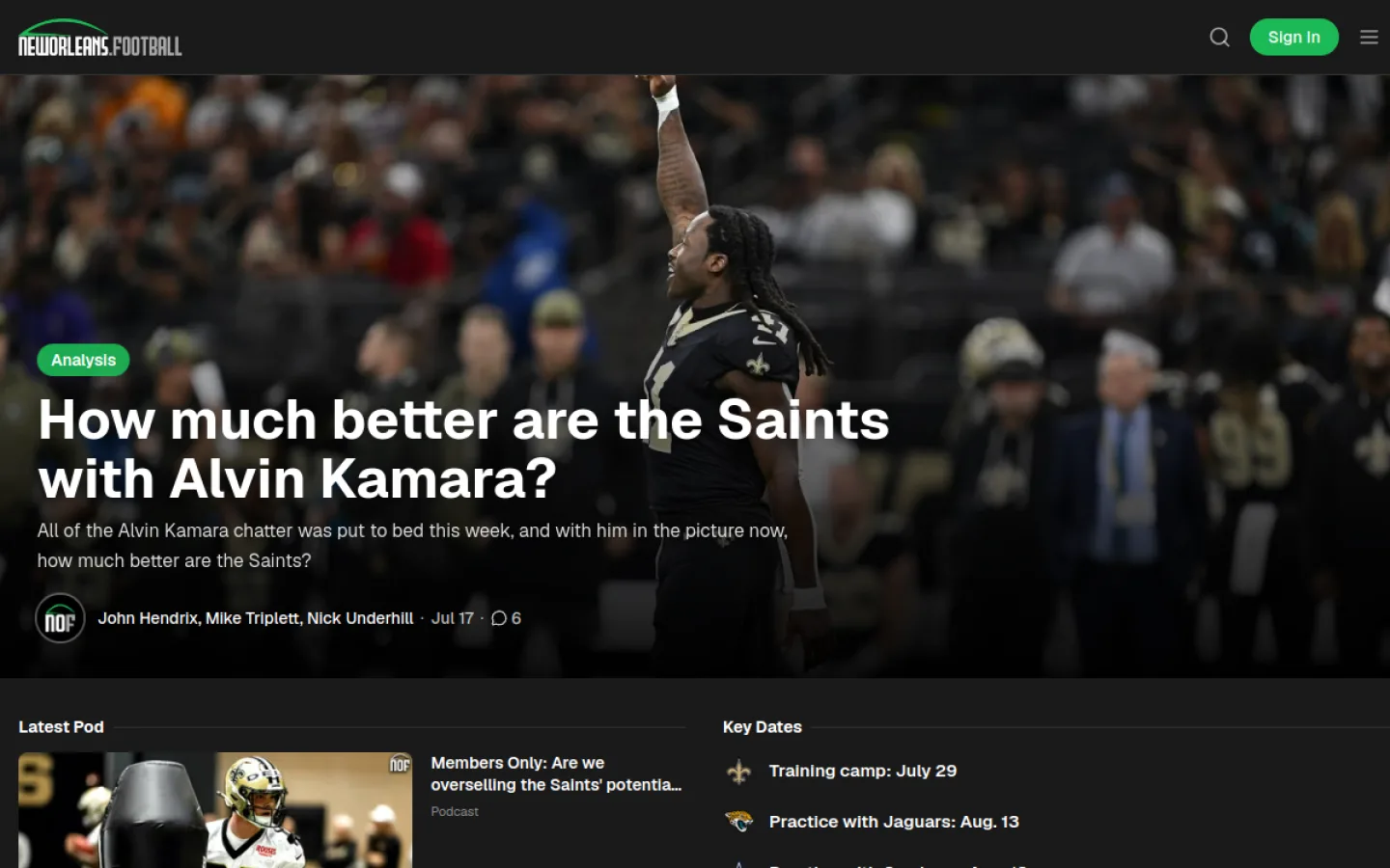 NewOrleans.Football homepage showing featured Saints coverage and member content